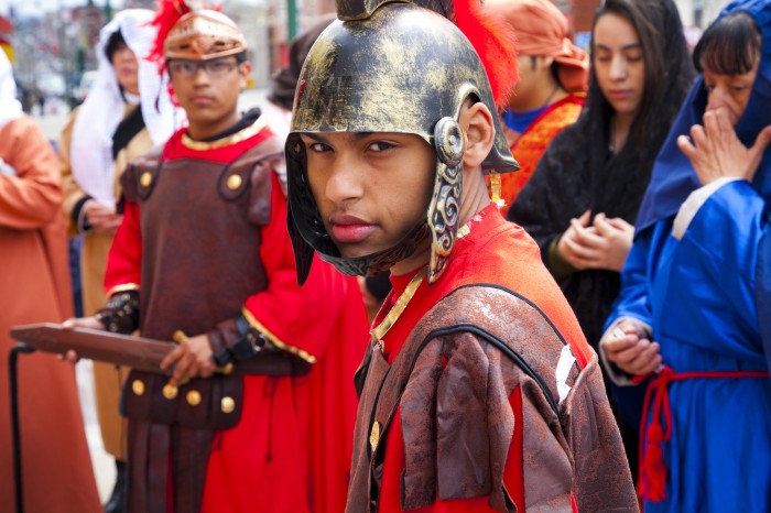 Roman soldier takes part in Easter crucifixtion parade on Park Street